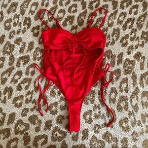 Bikinishe Solid High Leg Drawstring Straps Thong One Piece Swimsuit